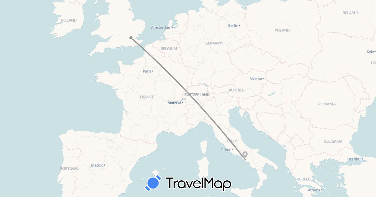 TravelMap itinerary: driving, plane in United Kingdom, Italy (Europe)